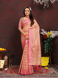Lorenvalley Fashion Peach Soft Katan Silk Woven Design Rich Zari Weaving Pallu Saree | Grocsy