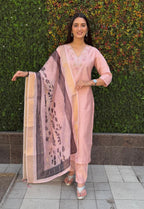 Lorenvalley Fashion Peach Roman Silk Hand Work Kurta Pant with Dupatta | Grocsy