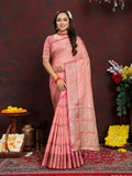 Lorenvalley Fashion Peach Soft Katan Silk Woven Design Zari Weaving Pallu Saree | Grocsy