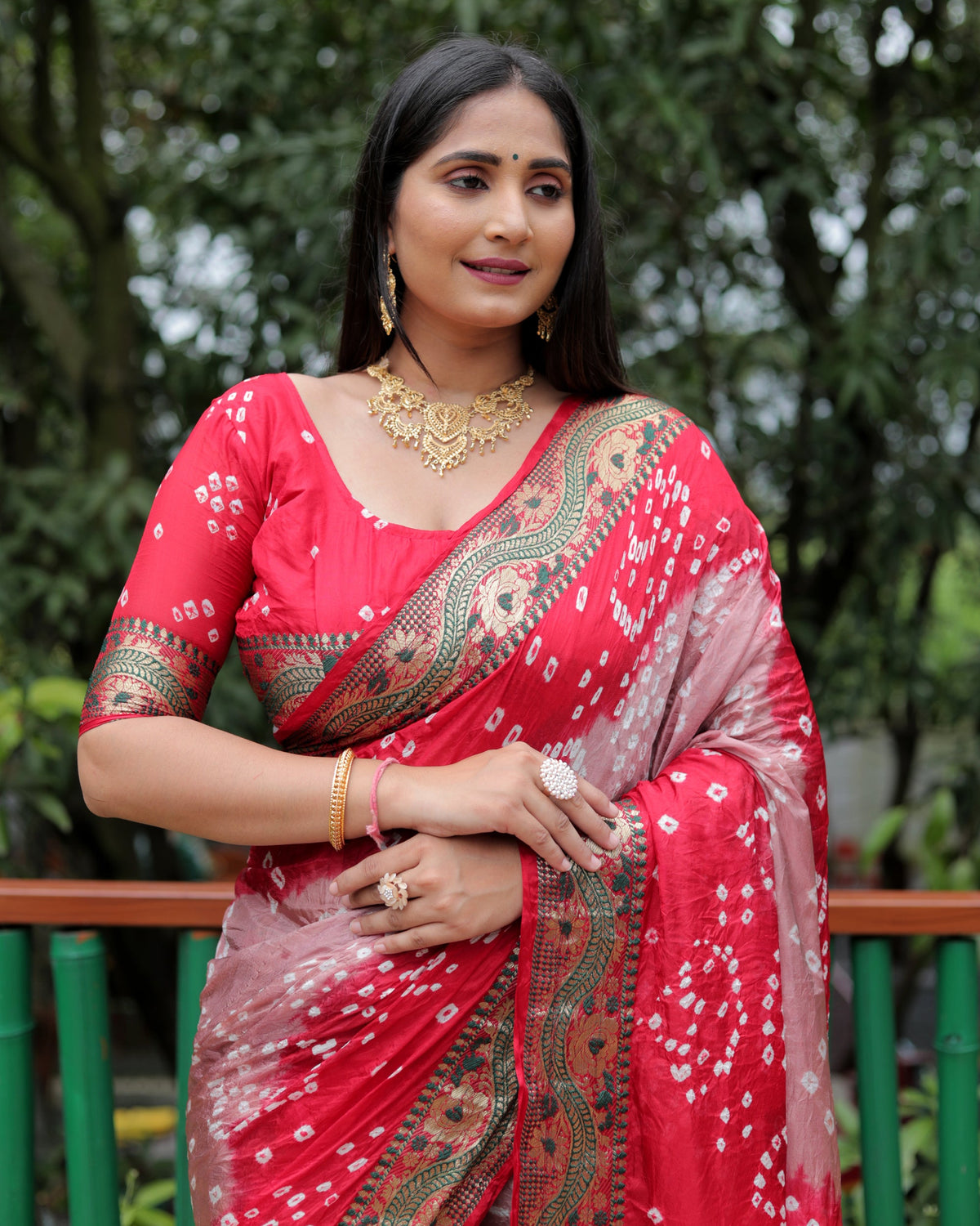 Lorenvalley Premium Pure Bandhej Tapeta Soft light weight silk saree with zari weaving Border - Multicolor | Grocsy
