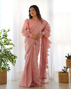 Lorenvalley Ready to wear Jimmy Choo Organza Fabric Border Lace Work Predrapped Saree | Grocsy