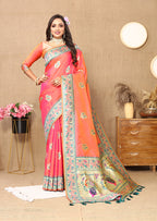 Lorenvalley Fashion Peach Soft Paithani Silk Woven Design Rich Meenakari Zari Weaving Pallu Saree | Grocsy