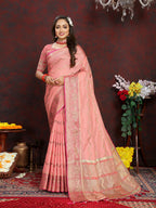 Lorenvalley Fashion Peach Soft Katan Silk Woven Design Zari Weaving Pallu Saree | Grocsy