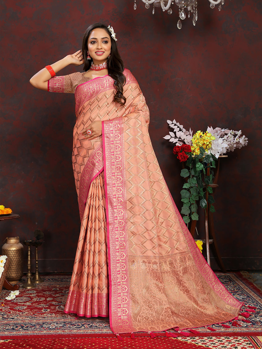 Lorenvalley Fashion Peach Soft Katan Silk Woven Design Rich Zari Weaving Pallu Saree | Grocsy