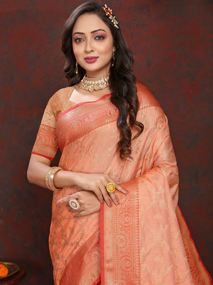Lorenvalley Fashion Peach Soft Katan Silk Woven Design Zari Weaving Pallu Saree | Grocsy