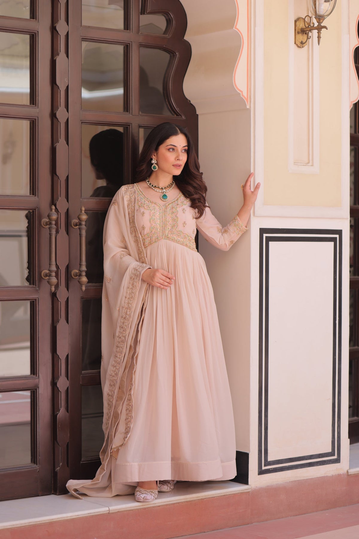 Lorenvalley Fashion Peach Star Georgette with Beads & Sequins Multi Embroidered work Anarkali Gown with Dupatta | Grocsy