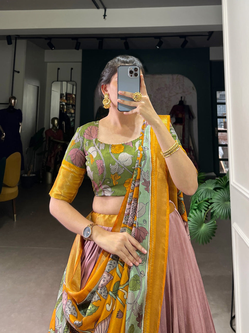 Lorenvalley Peach Dola Silk and Jacquard Silk Printed (Kalamkari) With Zari Weaving Border Lehenga Choli | Grocsy