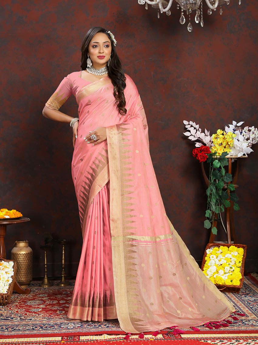 Lorenvalley Fashion Peach Soft Katan Silk Woven Design Zari Weaving Pallu Saree | Grocsy