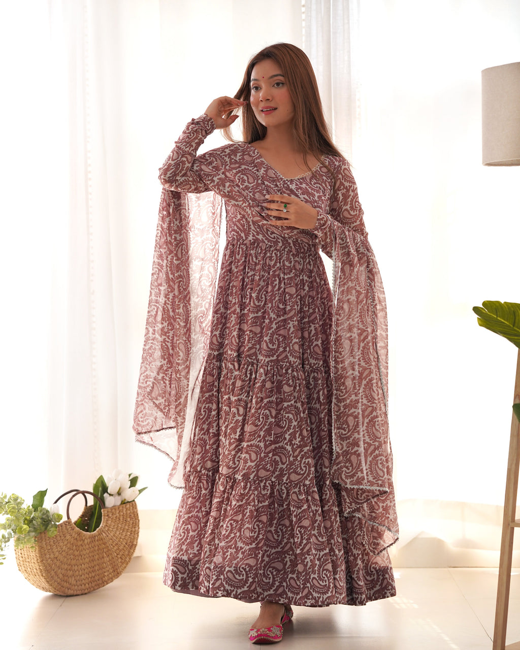 Lorenvalley Women Pure Soft Faux Georgette Floral Print Fully Flair Anarkali Kurta Pant With Dupatta Set - Peach | Grocsy