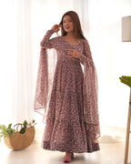 Lorenvalley Women Pure Soft Faux Georgette Floral Print Fully Flair Anarkali Kurta Pant With Dupatta Set - Peach | Grocsy