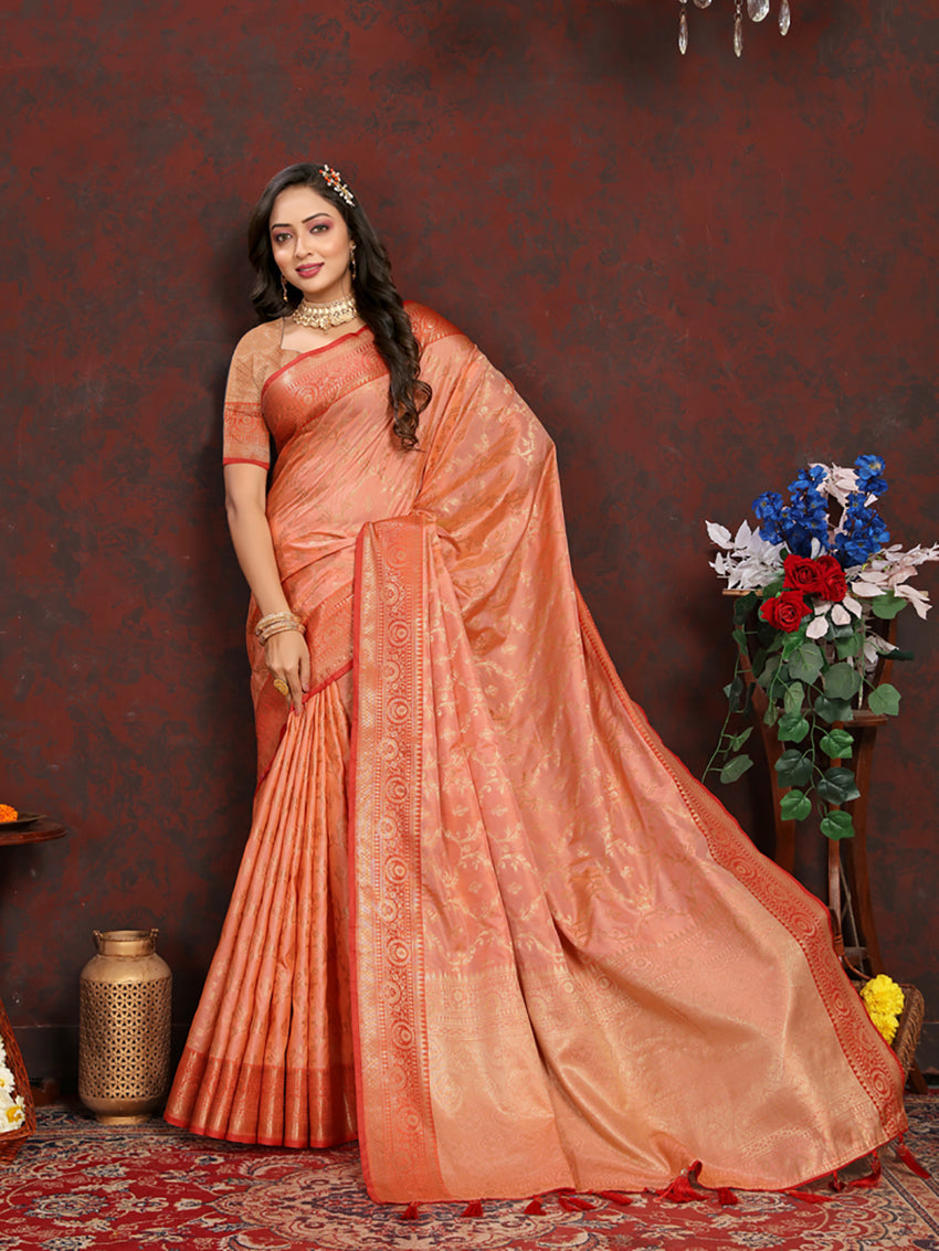 Lorenvalley Fashion Peach Soft Katan Silk Woven Design Zari Weaving Pallu Saree | Grocsy