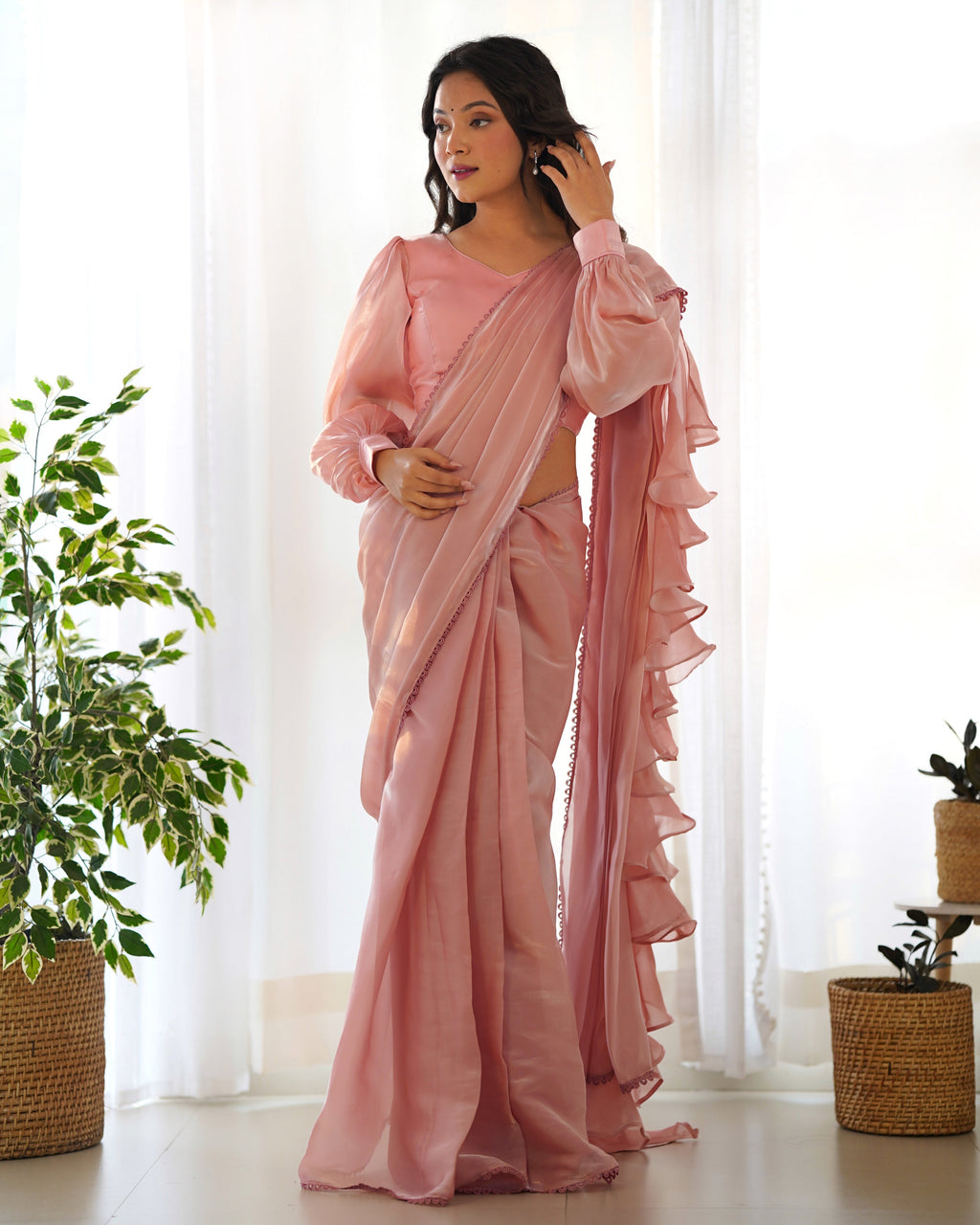 Lorenvalley Ready to wear Jimmy Choo Organza Fabric Border Lace Work Predrapped Saree | Grocsy
