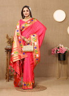 Lorenvalley Fashion Peach Soft Paithani Silk Woven Design Rich Zari Meenakari Weaving Saree | Grocsy