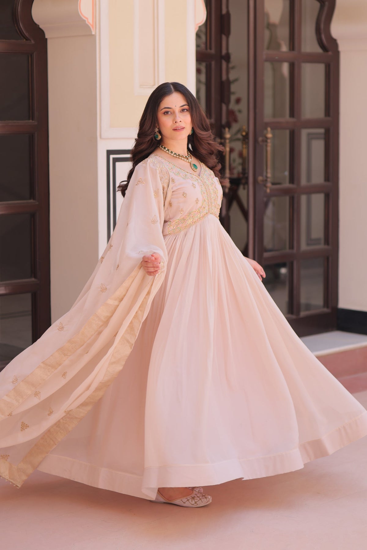 Lorenvalley Fashion Peach Star Georgette with Beads & Sequins Multi Embroidered work Anarkali Gown with Dupatta | Grocsy