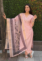 Lorenvalley Fashion Peach Roman Silk Hand Work Kurta Pant with Dupatta | Grocsy
