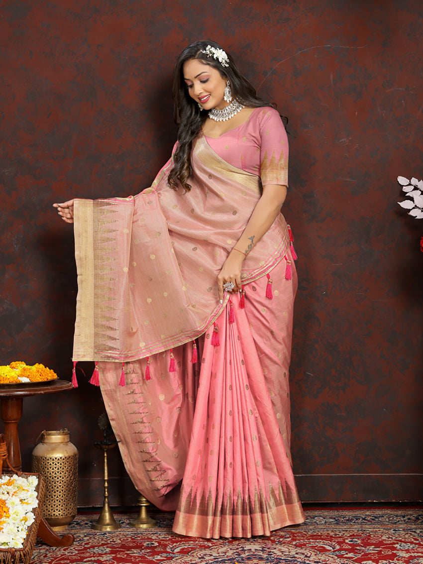 Lorenvalley Fashion Peach Soft Katan Silk Woven Design Zari Weaving Pallu Saree | Grocsy
