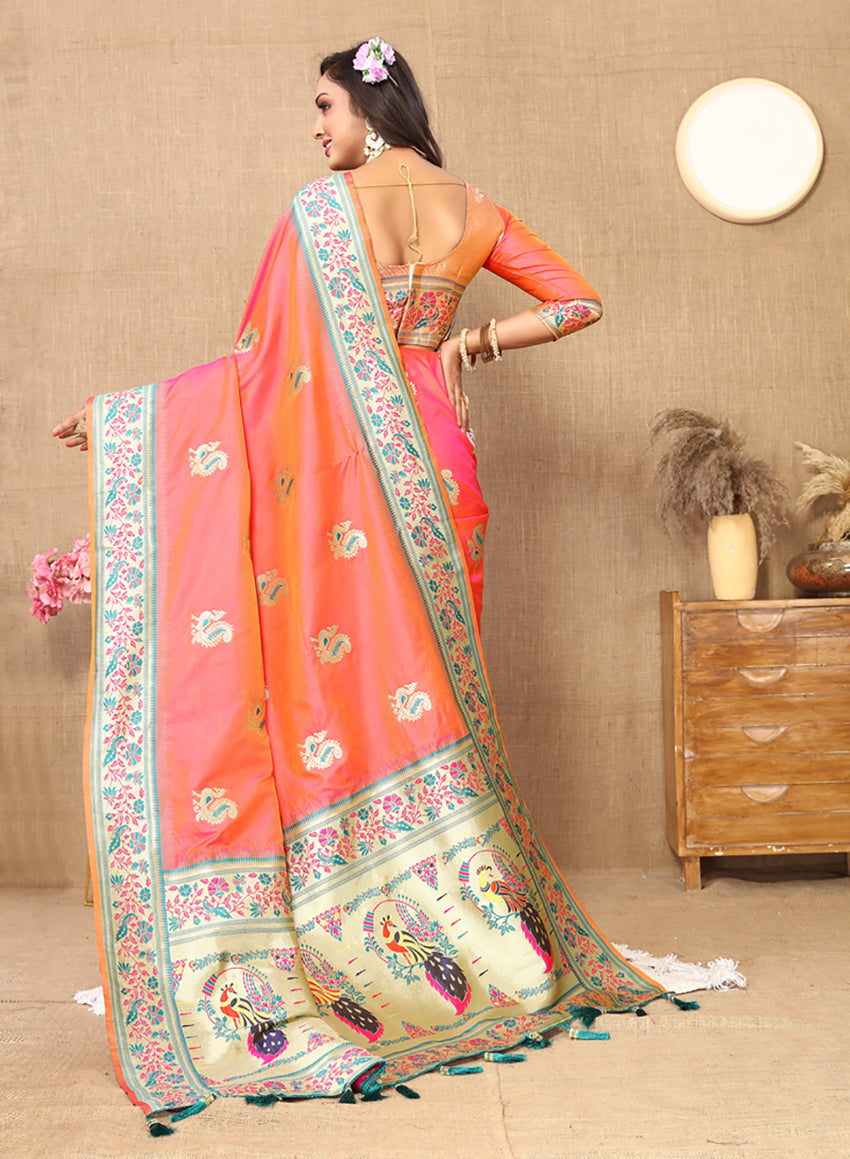 Lorenvalley Fashion Peach Soft Paithani Silk Woven Design Rich Meenakari Zari Weaving Pallu Saree | Grocsy
