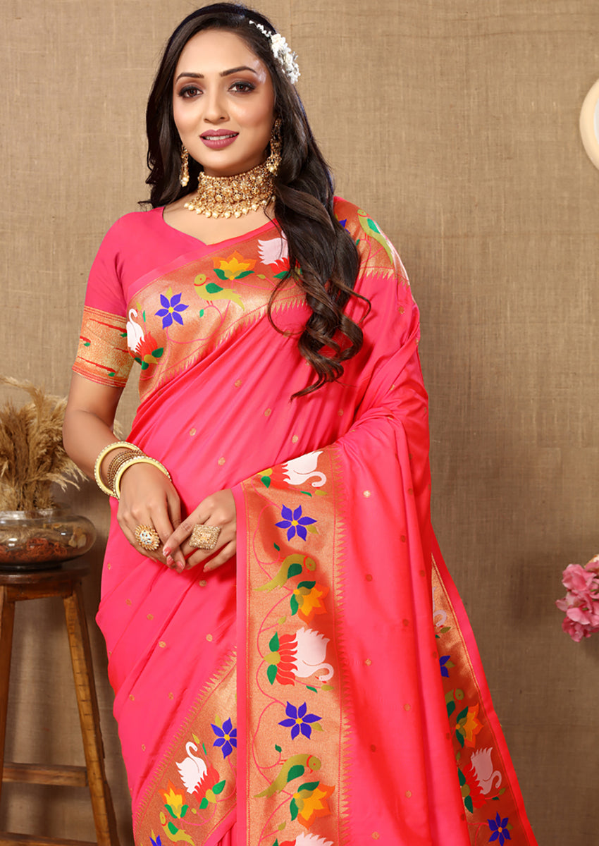 Lorenvalley Fashion Peach Soft Paithani Silk Woven Design Rich Zari Meenakari Weaving Saree | Grocsy
