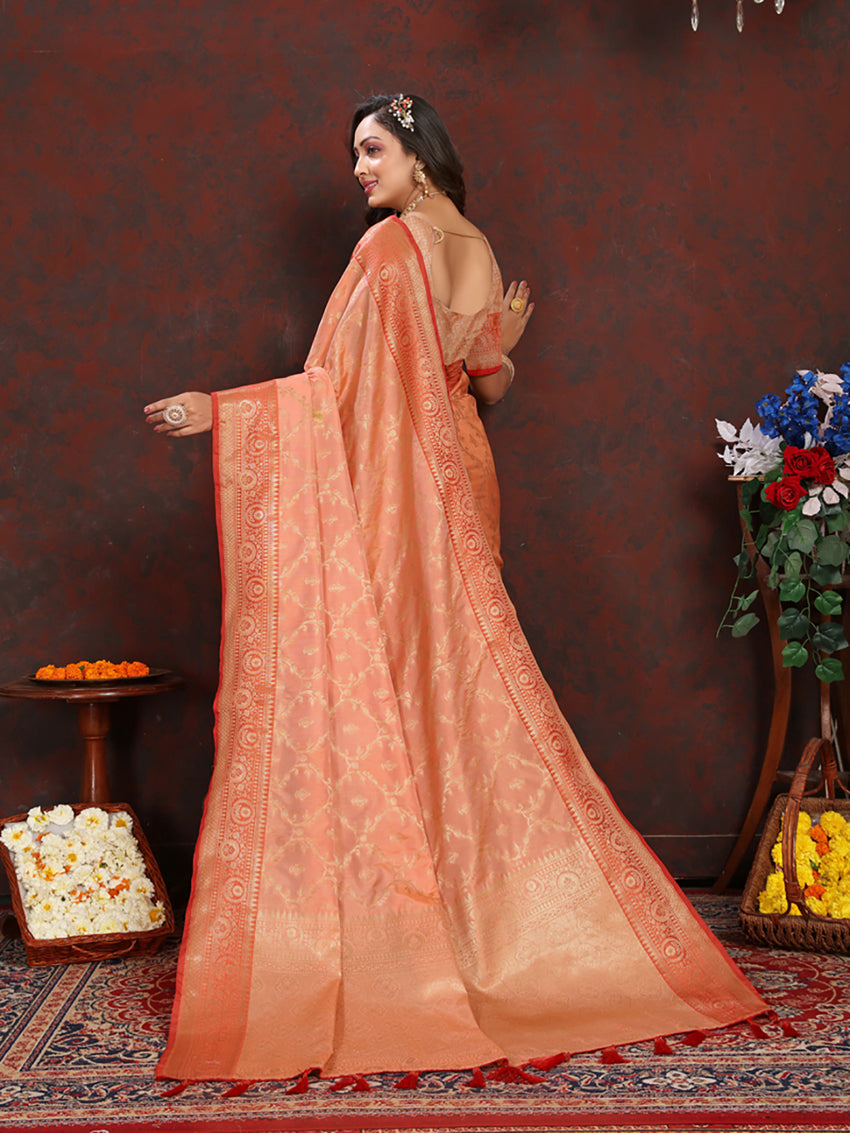 Lorenvalley Fashion Peach Soft Katan Silk Woven Design Zari Weaving Pallu Saree | Grocsy