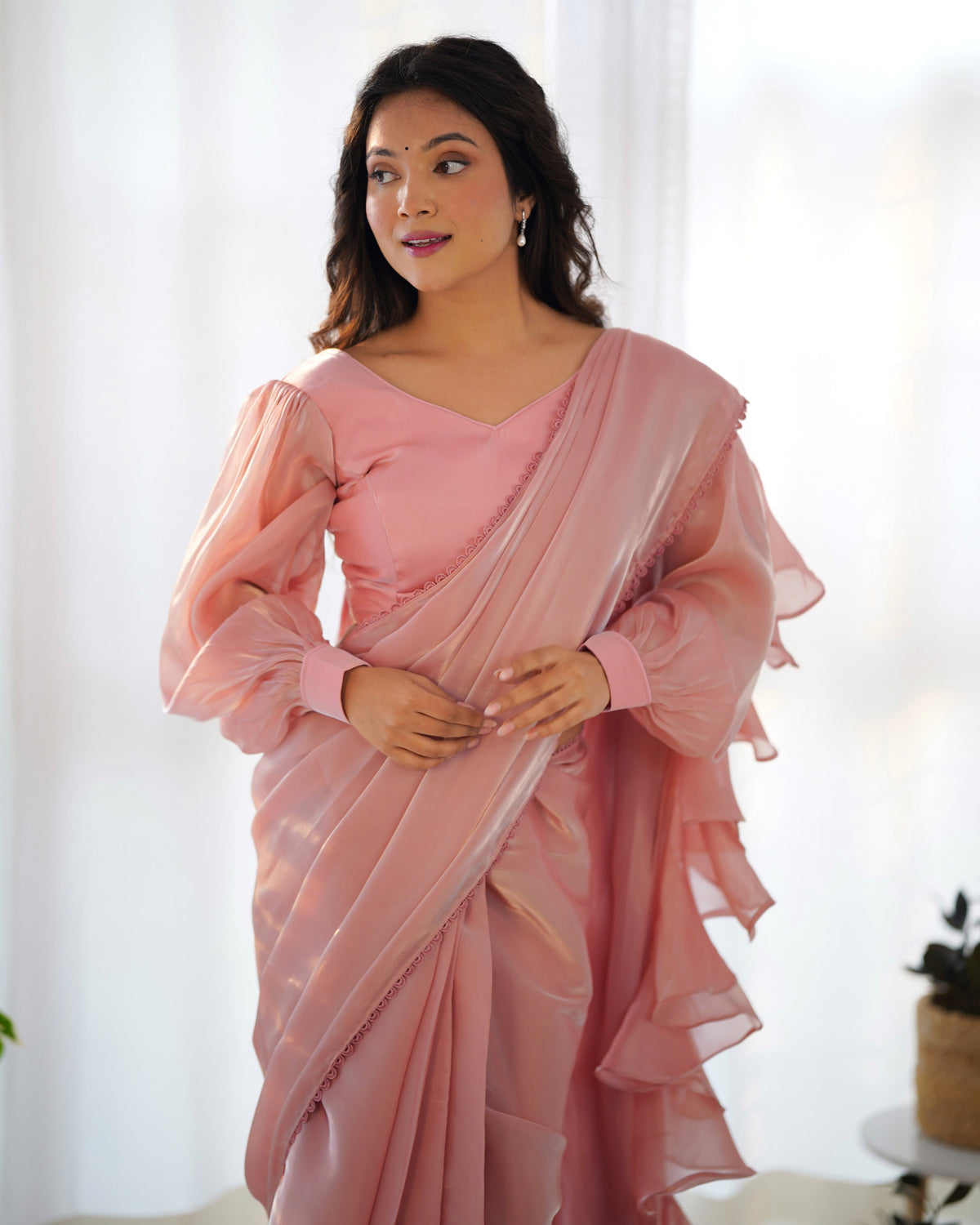 Lorenvalley Ready to wear Jimmy Choo Organza Fabric Border Lace Work Predrapped Saree | Grocsy