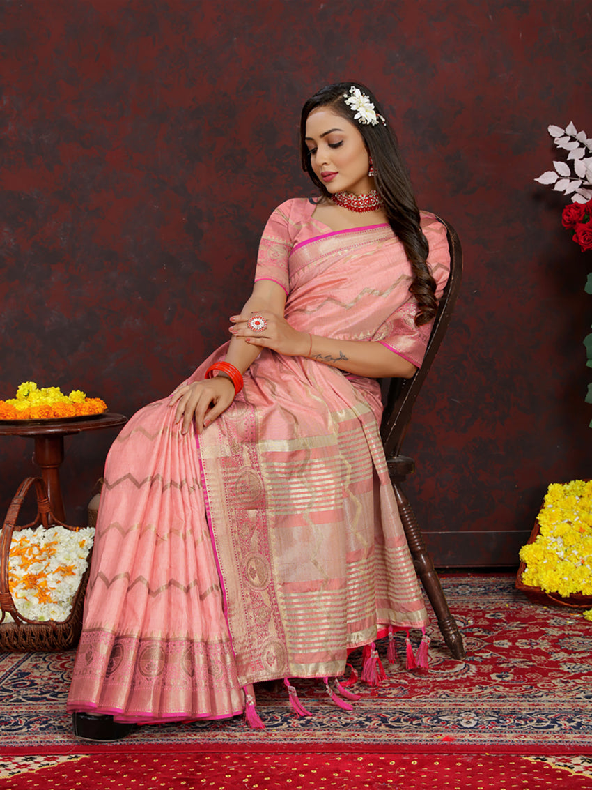 Lorenvalley Fashion Peach Soft Katan Silk Woven Design Zari Weaving Pallu Saree | Grocsy