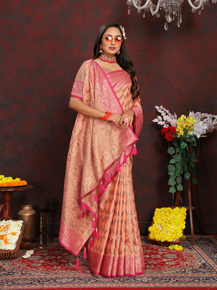 Lorenvalley Fashion Peach Soft Katan Silk Woven Design Rich Zari Weaving Pallu Saree | Grocsy