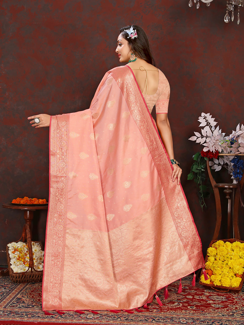 Lorenvalley Fashion Peach Soft Katan Silk Woven Design Zari Weaving Pallu Saree | Grocsy