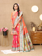 Lorenvalley Fashion Peach Soft Paithani Silk Woven Design Rich Meenakari Zari Weaving Pallu Saree | Grocsy
