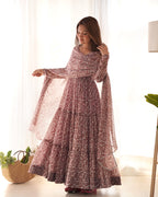 Lorenvalley Women Pure Soft Faux Georgette Floral Print Fully Flair Anarkali Kurta Pant With Dupatta Set - Peach | Grocsy