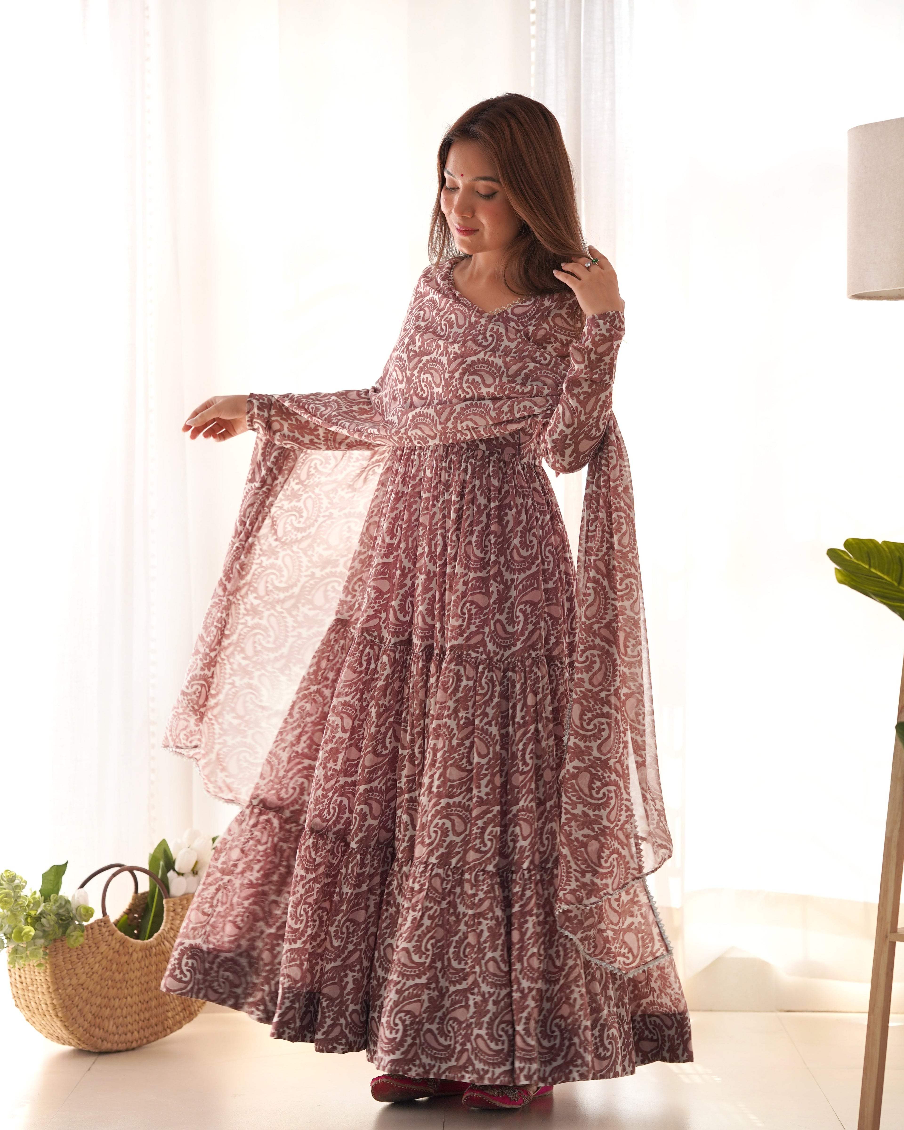 Lorenvalley Women Pure Soft Faux Georgette Floral Print Fully Flair Anarkali Kurta Pant With Dupatta Set - Peach | Grocsy