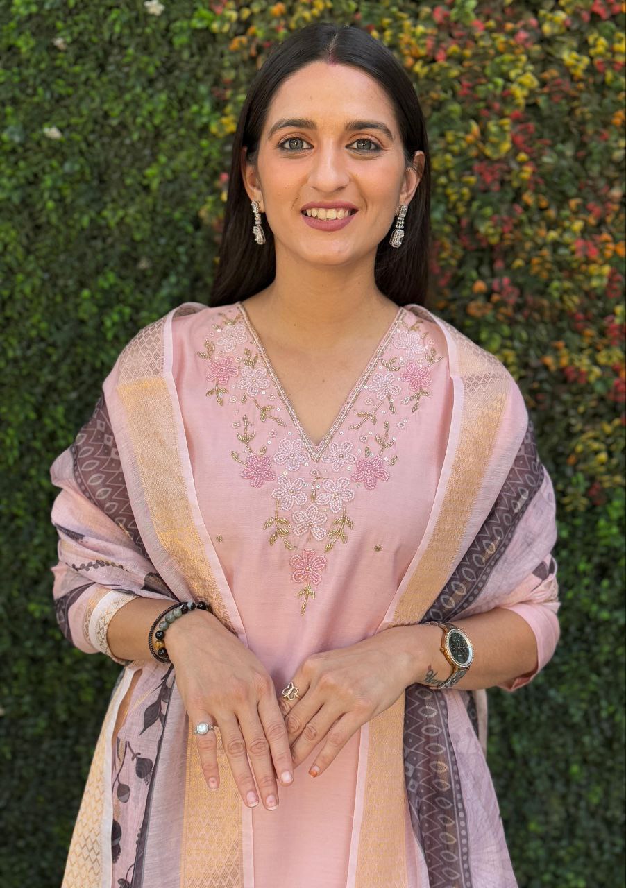 Lorenvalley Fashion Peach Roman Silk Hand Work Kurta Pant with Dupatta | Grocsy