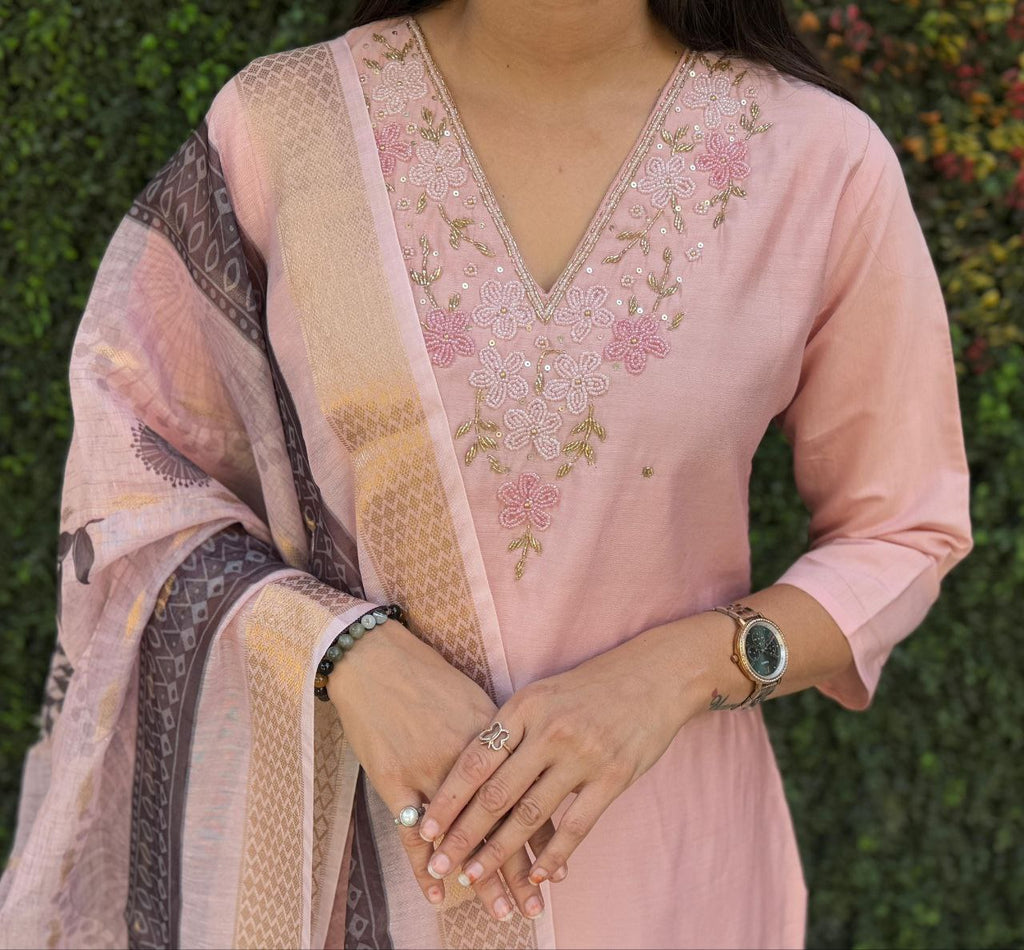 Lorenvalley Fashion Peach Roman Silk Hand Work Kurta Pant with Dupatta | Grocsy