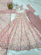 Lorenvalley Peach Soft Organza Silk With Floral Print Fully Flared Anarkali Pant With Dupatta Set | Grocsy