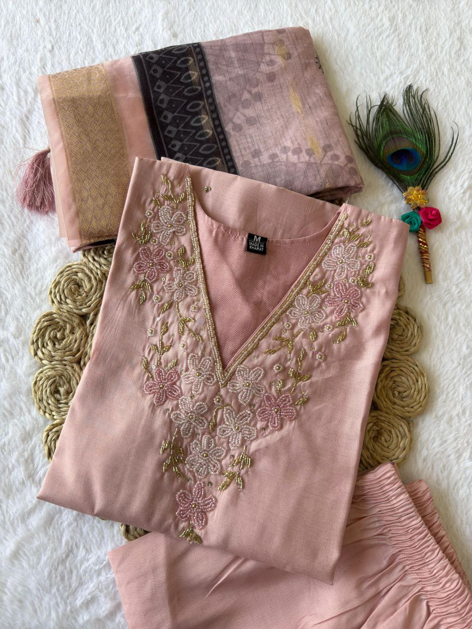 Lorenvalley Fashion Peach Roman Silk Hand Work Kurta Pant with Dupatta | Grocsy