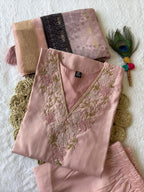 Lorenvalley Fashion Peach Roman Silk Hand Work Kurta Pant with Dupatta | Grocsy