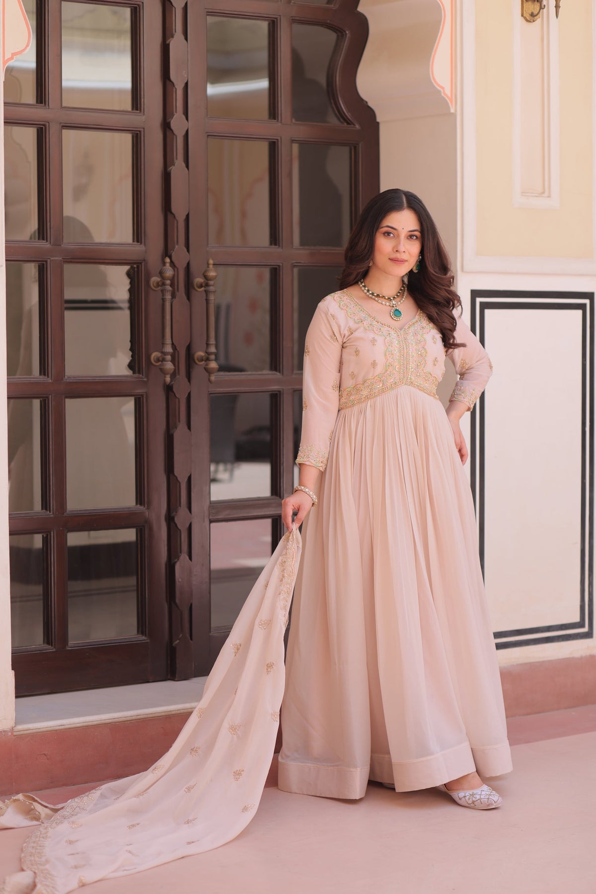Lorenvalley Fashion Peach Star Georgette with Beads & Sequins Multi Embroidered work Anarkali Gown with Dupatta | Grocsy