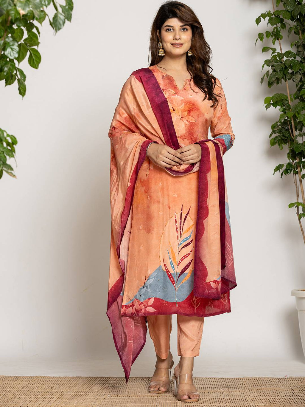 Yufta Peach Pure Crepe Placement Print Kurta Dupatta Set | Grocsy