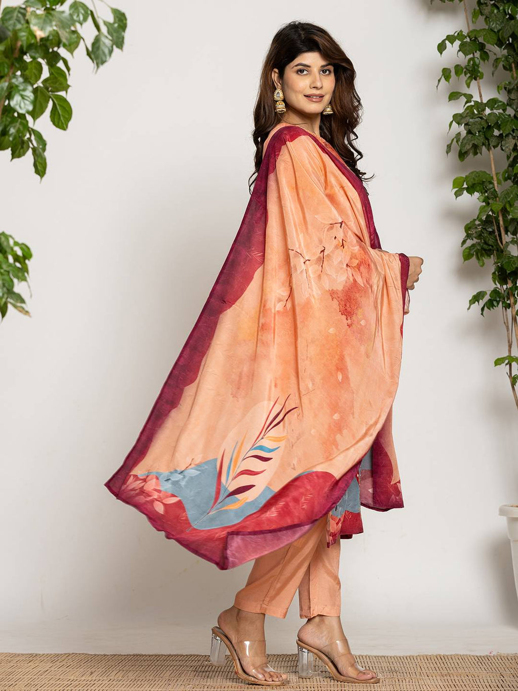 Yufta Peach Pure Crepe Placement Print Kurta Dupatta Set | Grocsy