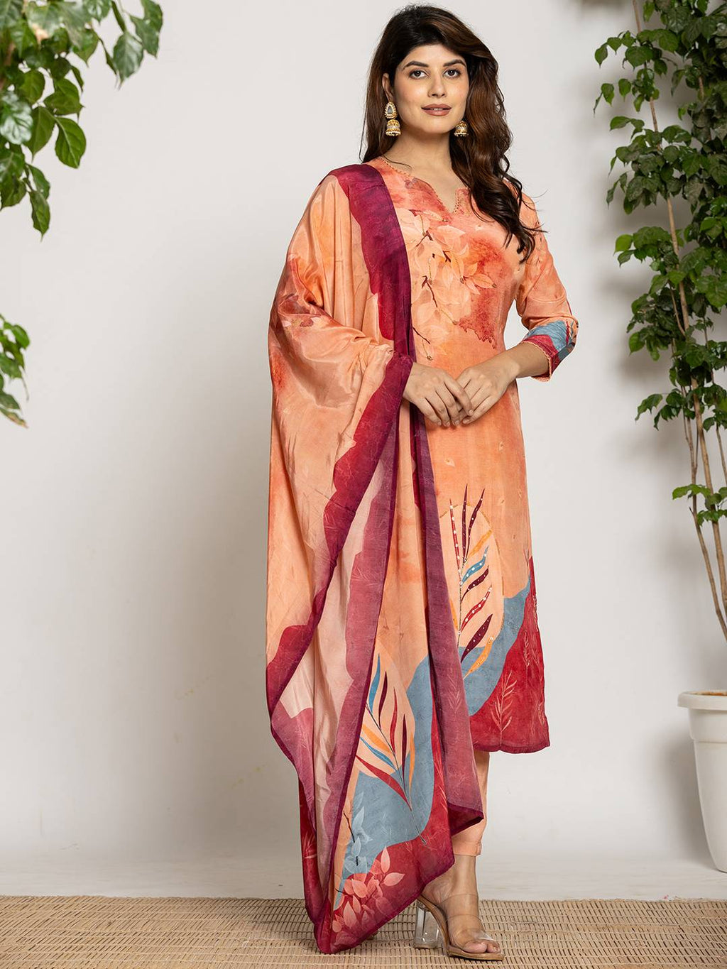 Yufta Peach Pure Crepe Placement Print Kurta Dupatta Set | Grocsy