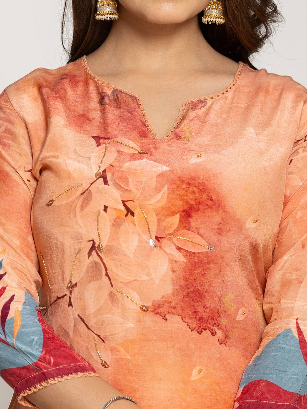 Yufta Peach Pure Crepe Placement Print Kurta Dupatta Set | Grocsy