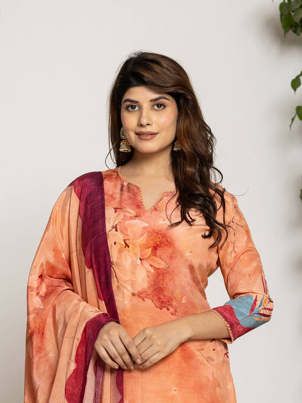 Yufta Peach Pure Crepe Placement Print Kurta Dupatta Set | Grocsy