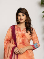 Yufta Peach Pure Crepe Placement Print Kurta Dupatta Set | Grocsy
