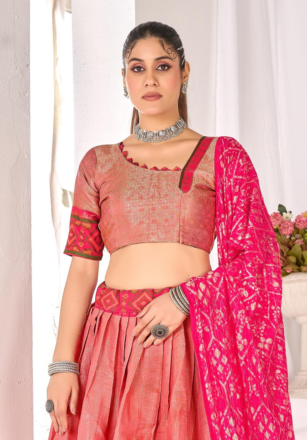 Anaita Peach Weaving Work Silk Lehenga Choli | Grocsy