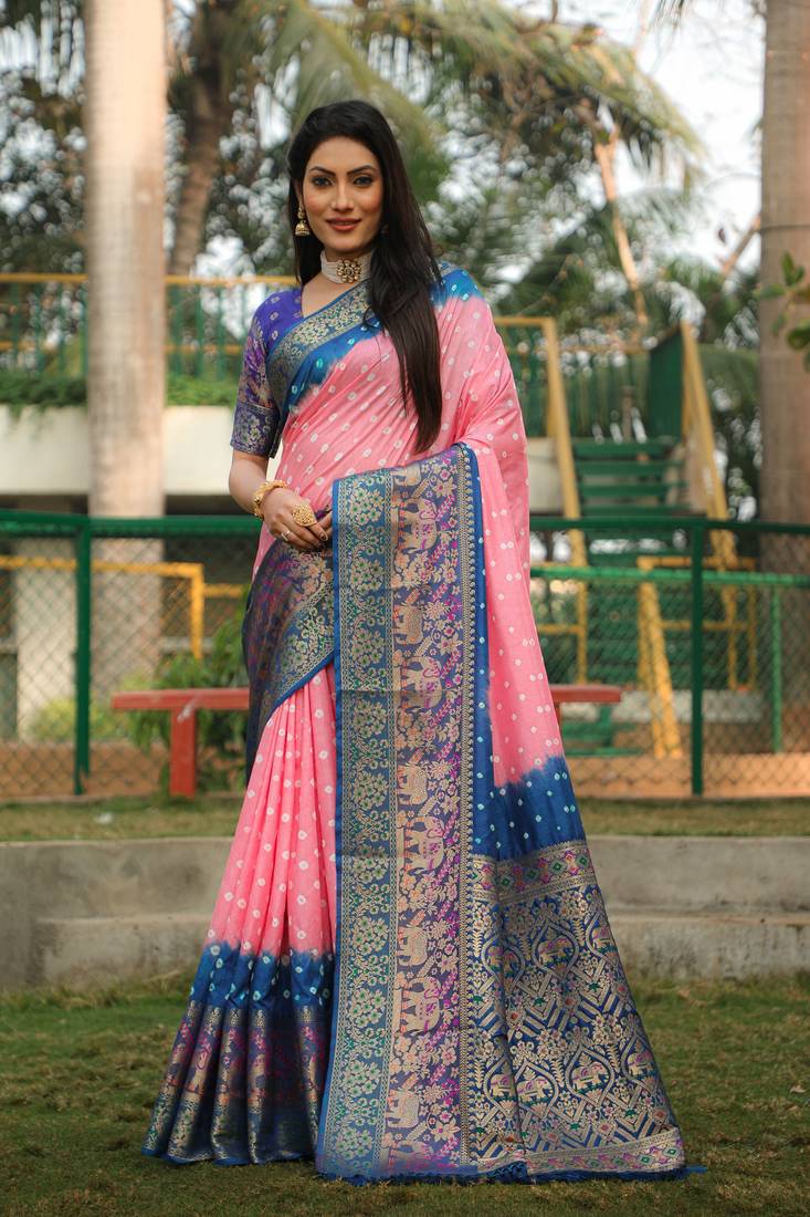 Anaita Peach Woven Design Pure Bandhej Kanjivaram Soft Silk Saree | Grocsy