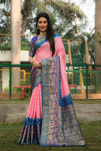 Anaita Peach Woven Design Pure Bandhej Kanjivaram Soft Silk Saree | Grocsy