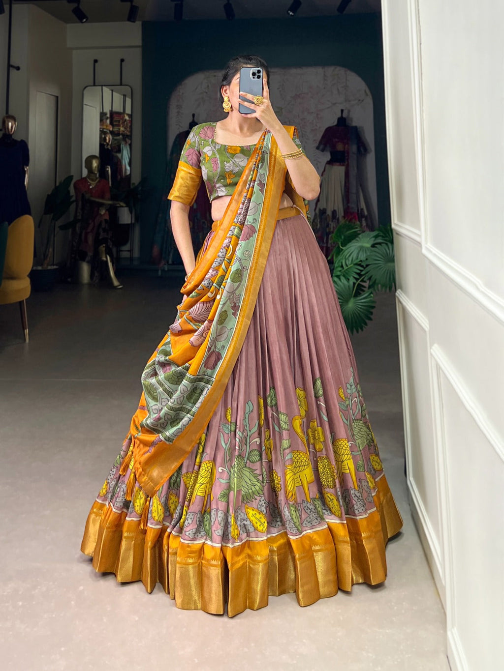 Lorenvalley Peach Dola Silk and Jacquard Silk Printed (Kalamkari) With Zari Weaving Border Lehenga Choli | Grocsy