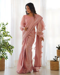 Lorenvalley Ready to wear Jimmy Choo Organza Fabric Border Lace Work Predrapped Saree | Grocsy