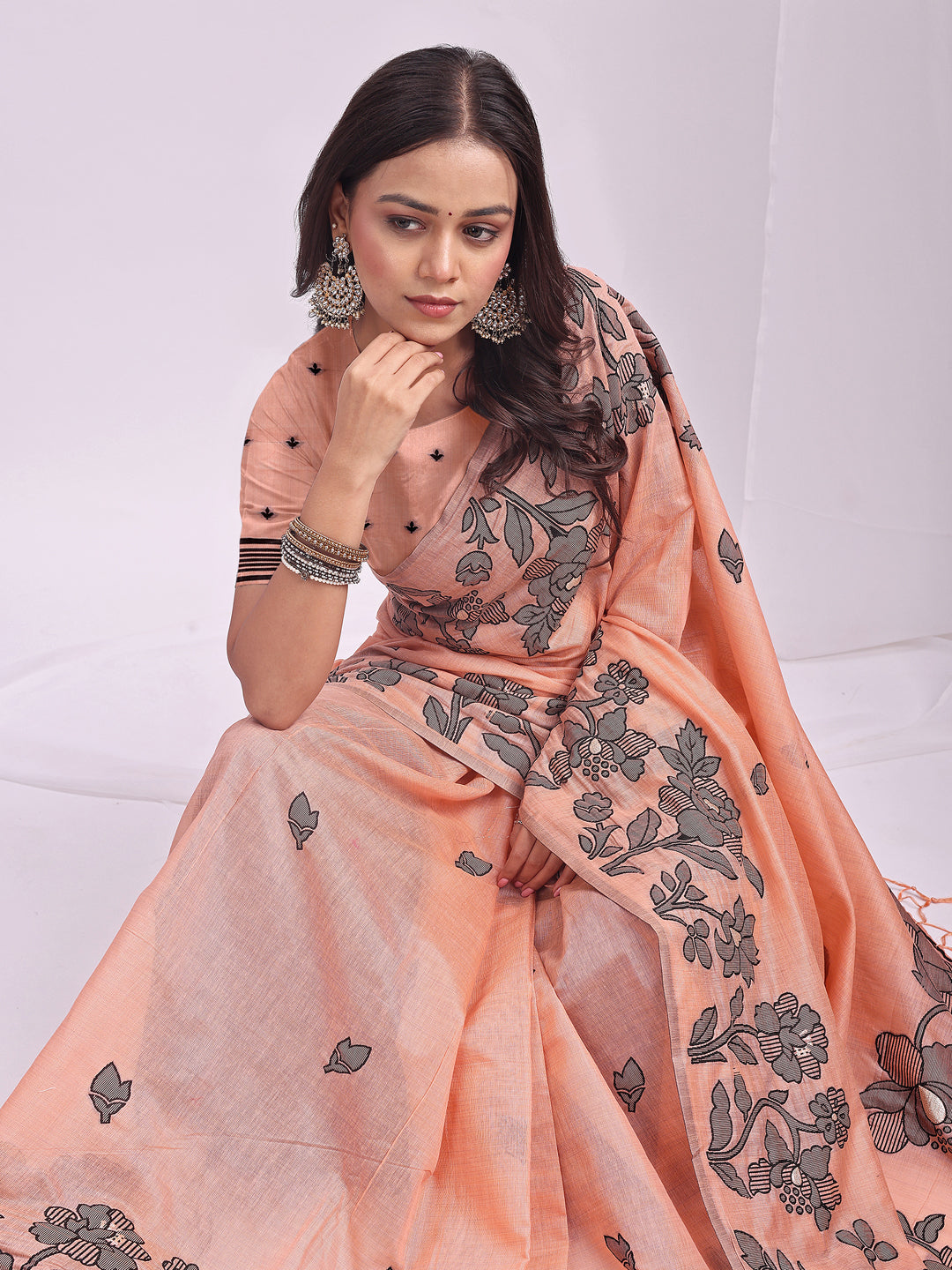 Anaita Peach Linen Printed Saree With Blouse | Grocsy