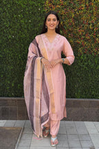 Lorenvalley Fashion Peach Roman Silk Hand Work Kurta Pant with Dupatta | Grocsy