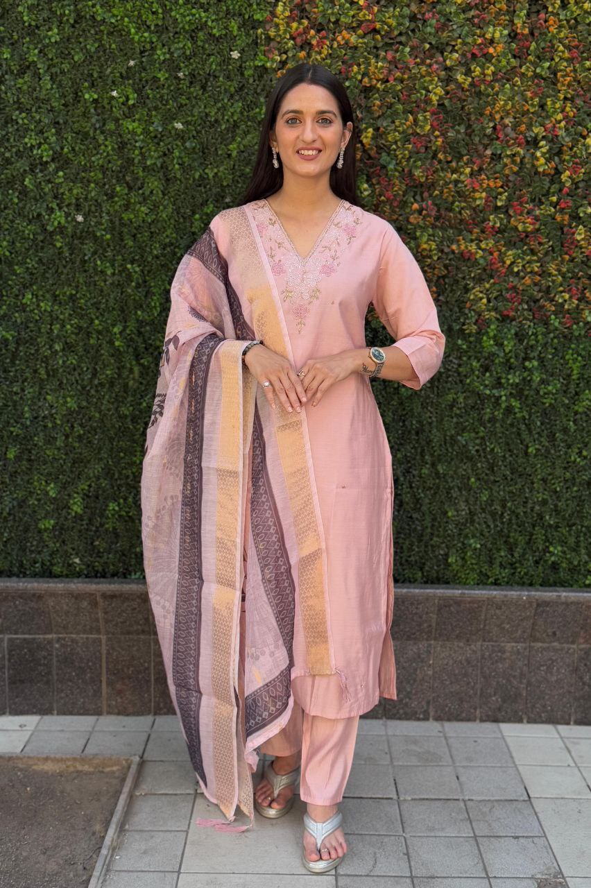 Lorenvalley Fashion Peach Roman Silk Hand Work Kurta Pant with Dupatta | Grocsy